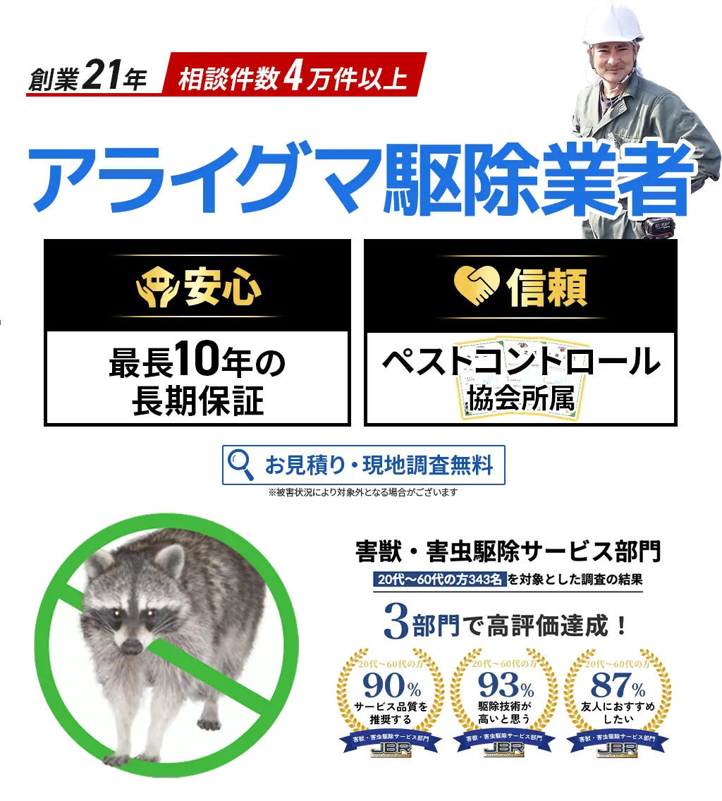 アライグマ駆除業者　害獣・害虫駆除サービス部門3部門で高評価達成！