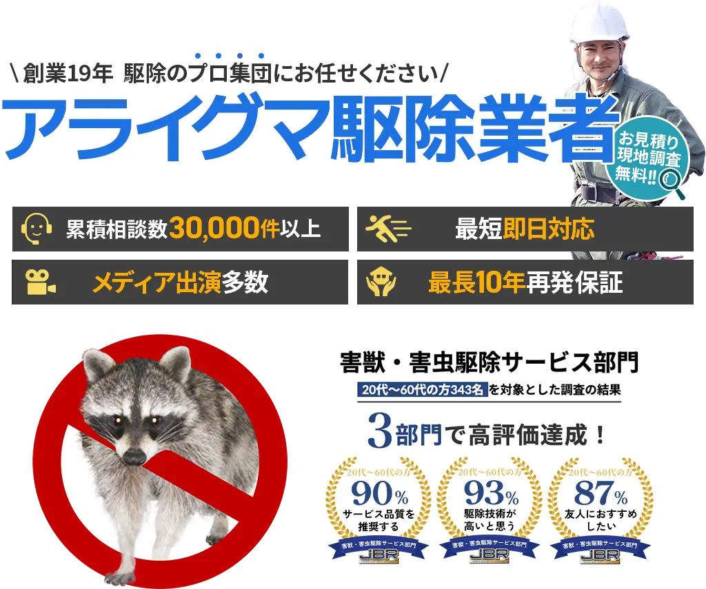 アライグマ駆除業者　害獣・害虫駆除サービス部門3部門で高評価達成！